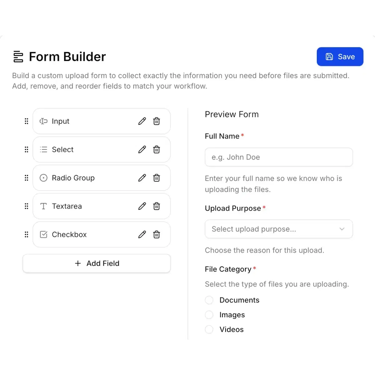 Tilpasset formularbygger til filupload med input-, checkbox-, radio- og selectfelter