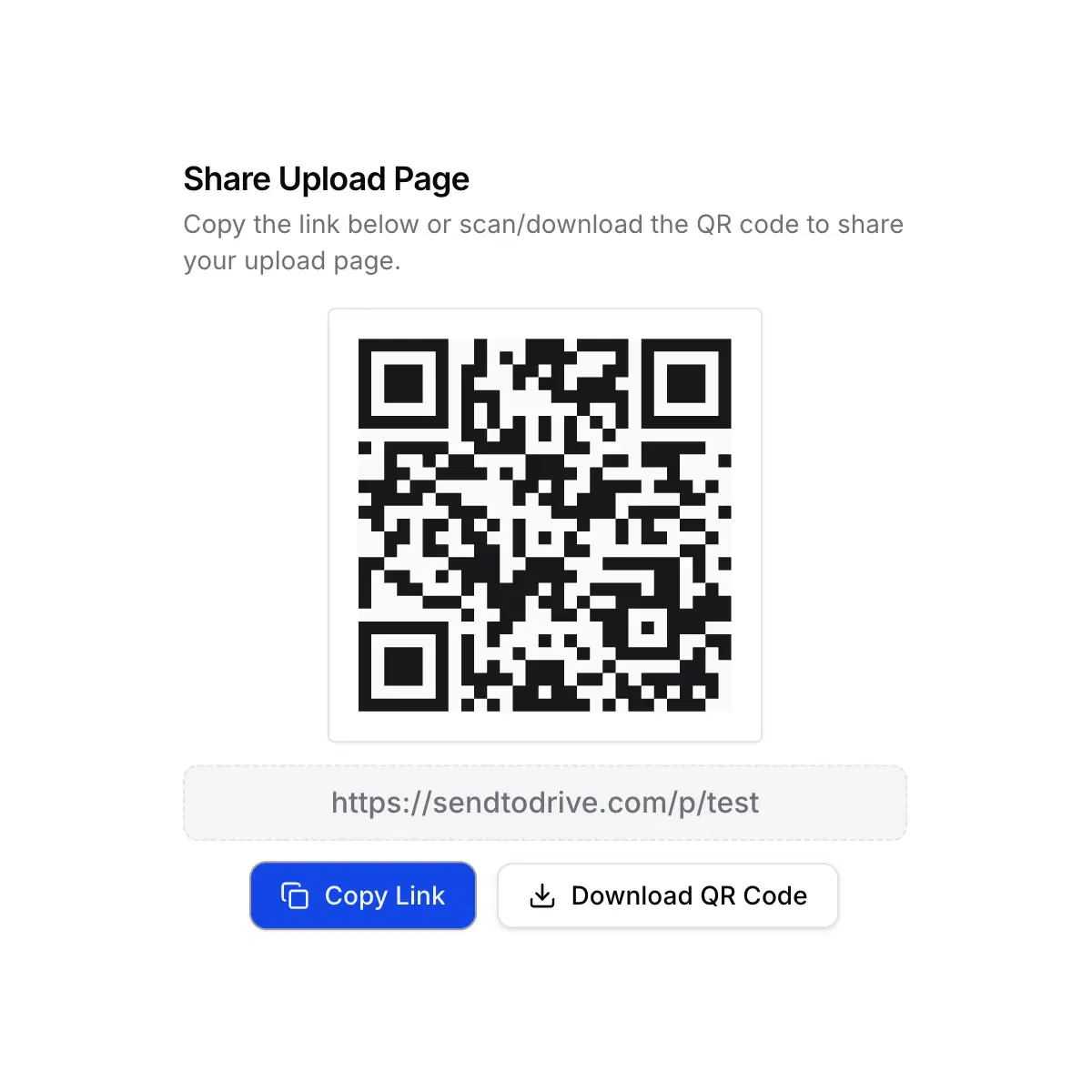 Upload filer via link eller QR-kode til Google Drive