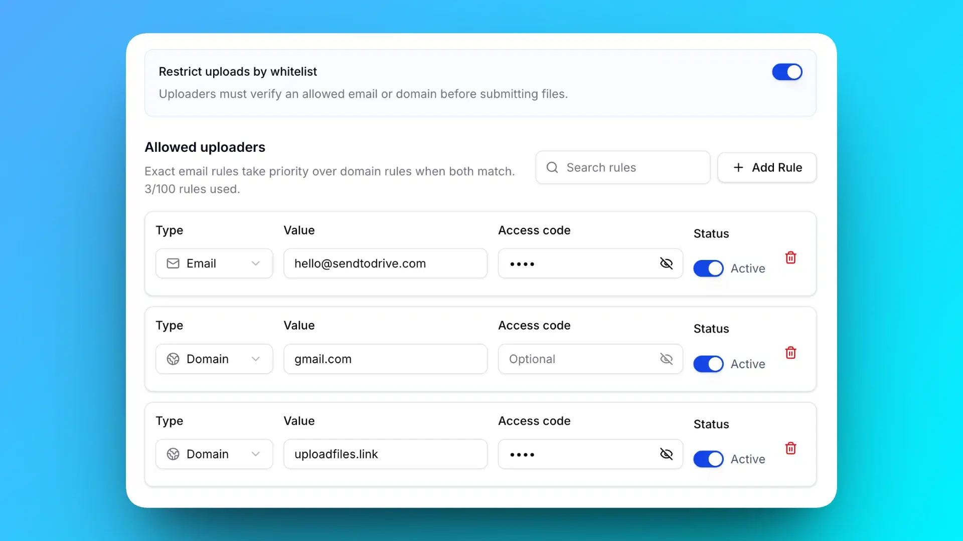 Kontrol akses whitelist uploader untuk halaman upload Google Drive