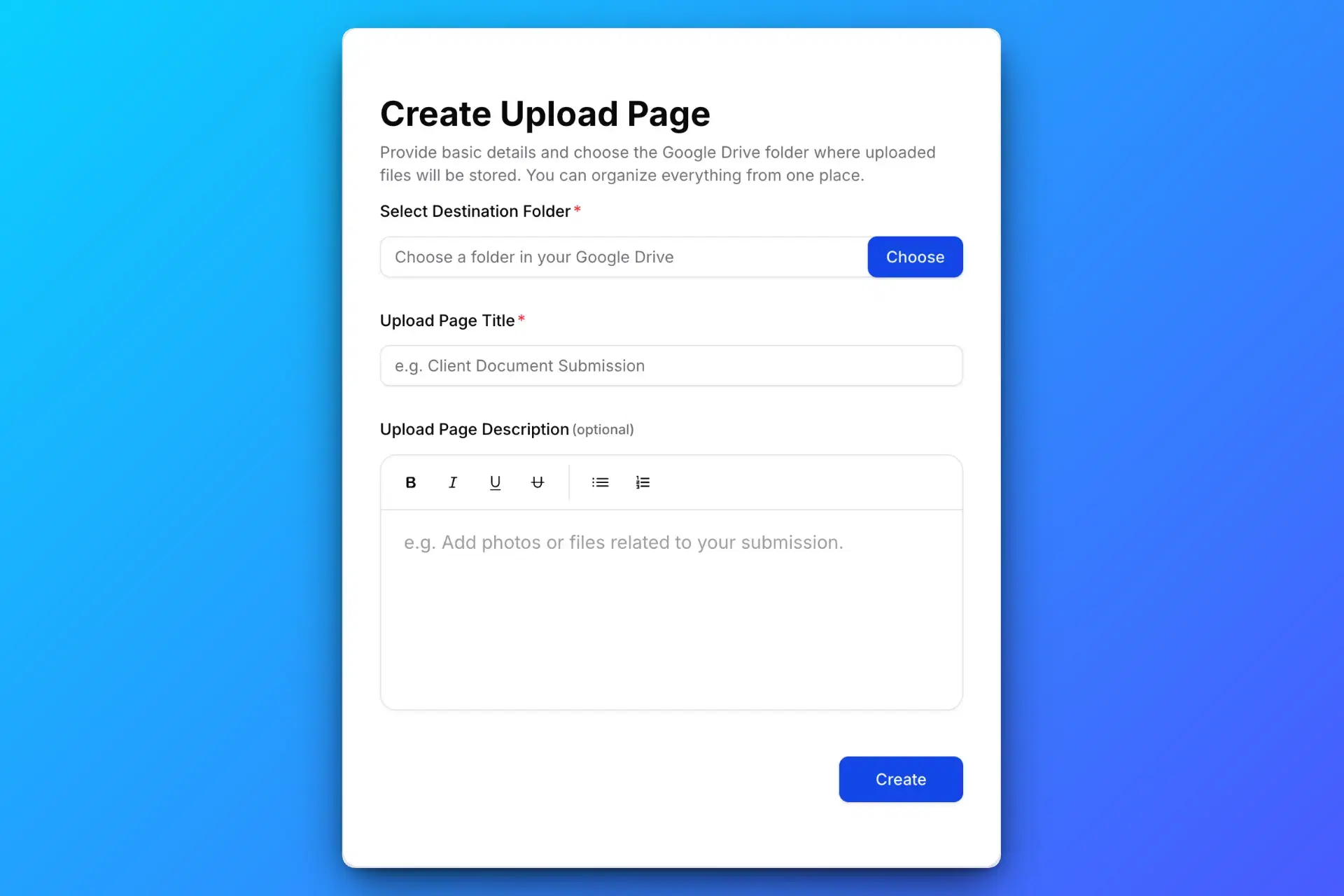 Create large file upload page for Google Drive