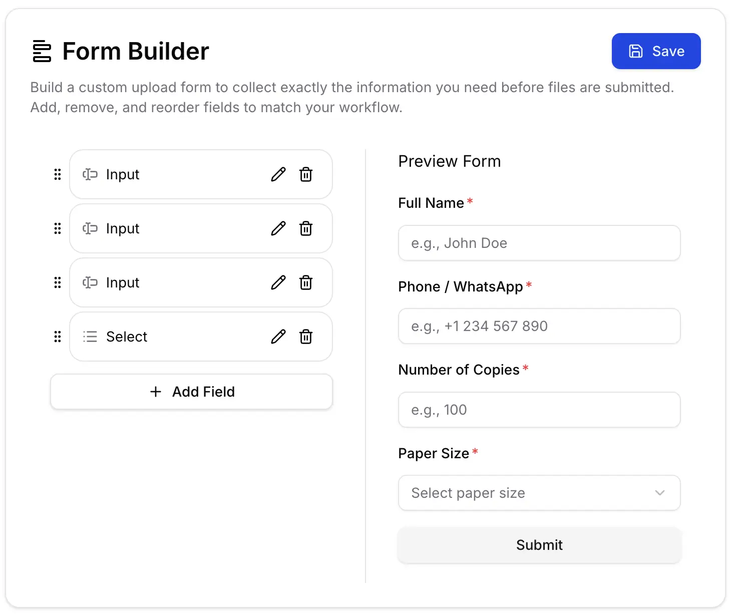Print shop form builder for collecting client information and print details