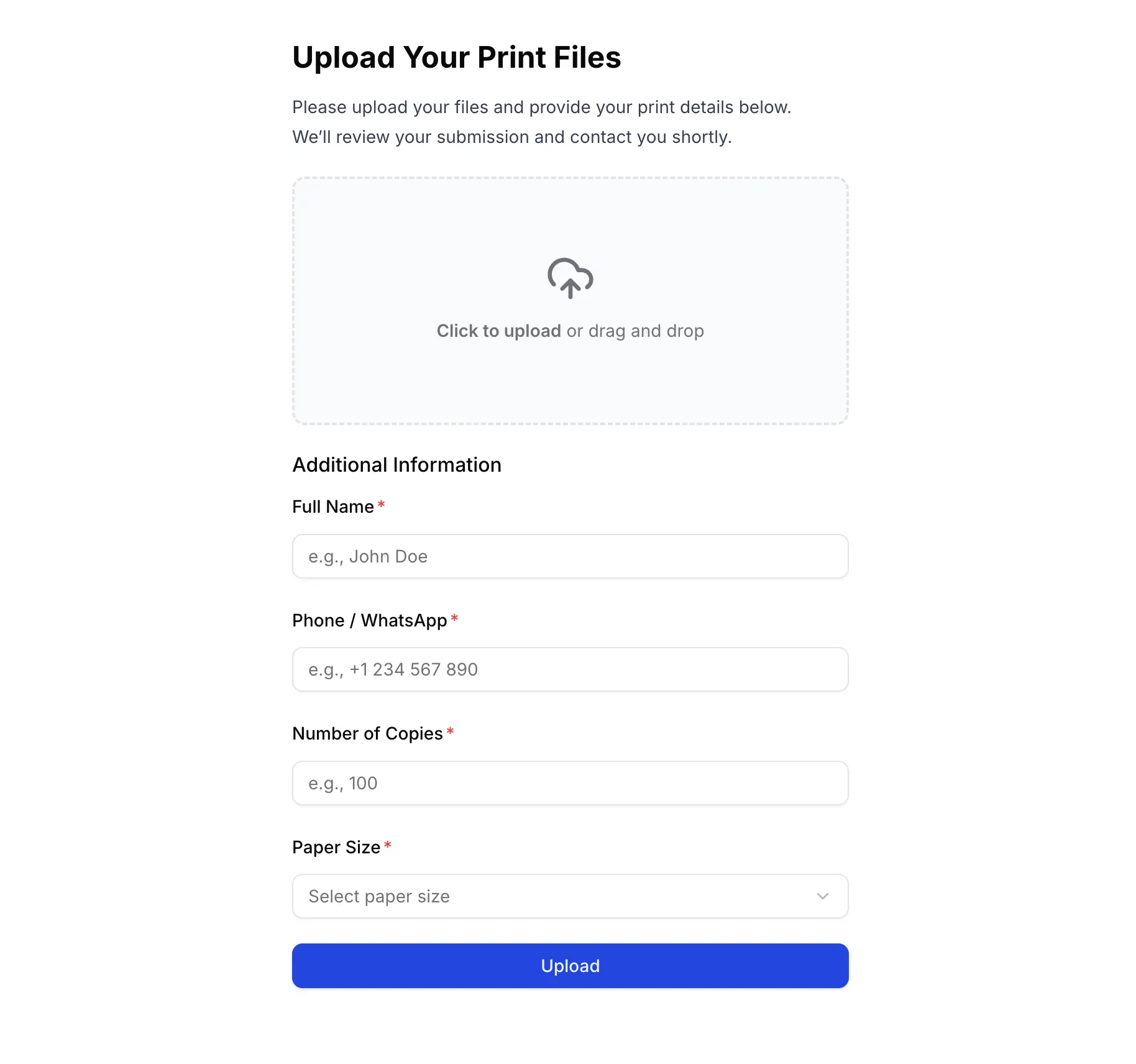 Print shop file upload page for clients with order details form