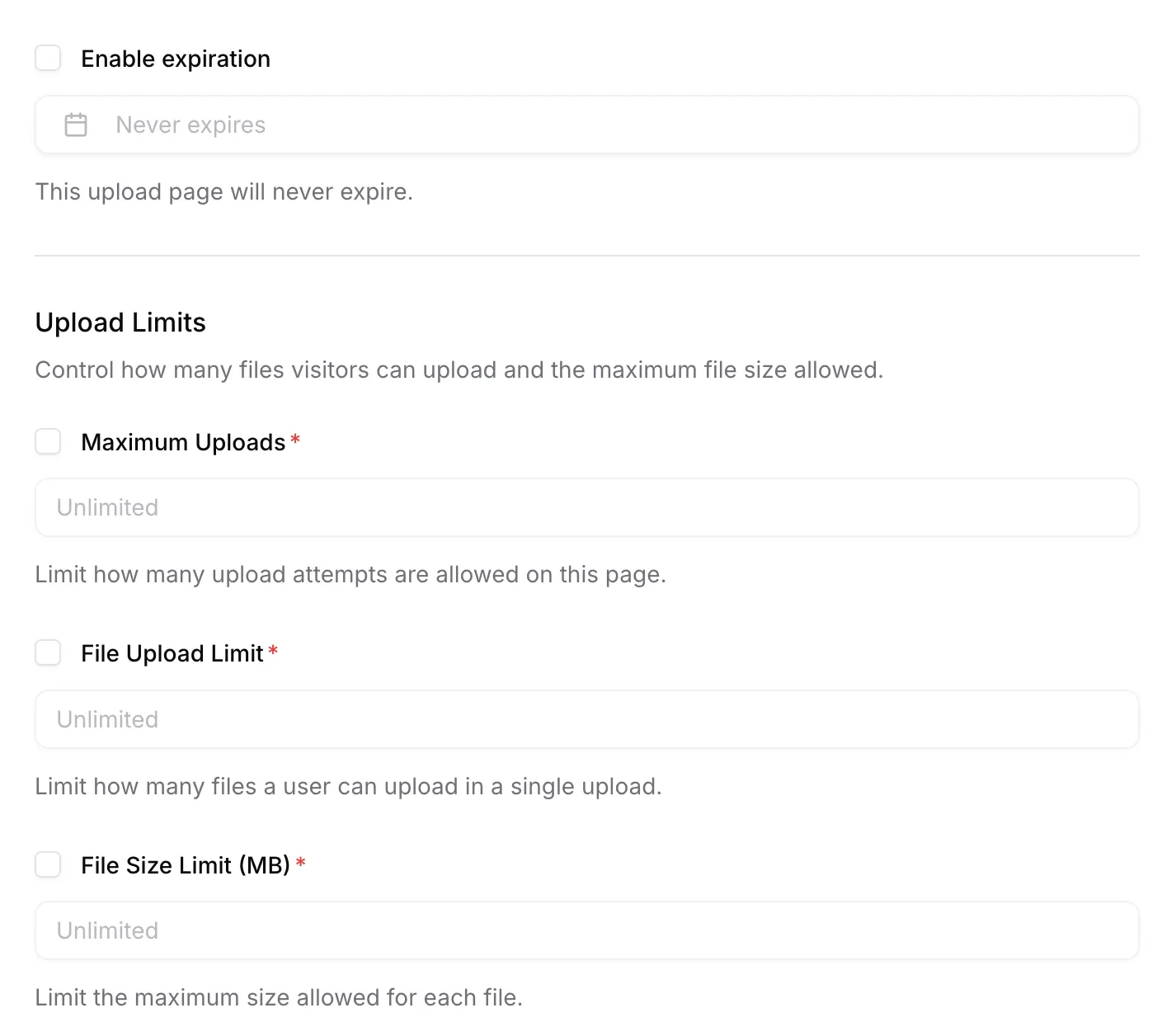 Set file expiration and upload limits