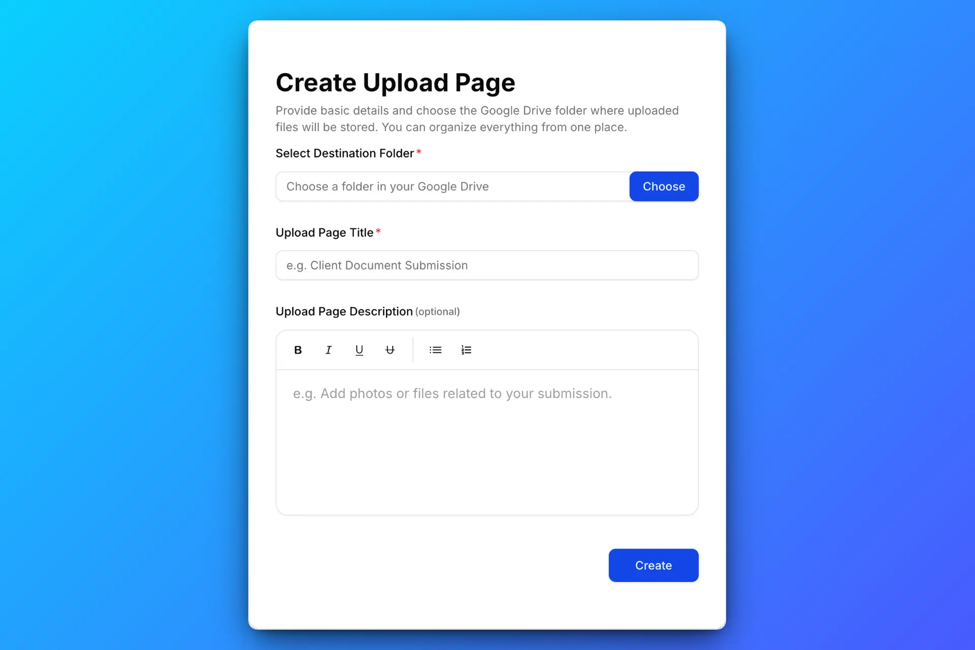 Create upload page for Google Drive file collection