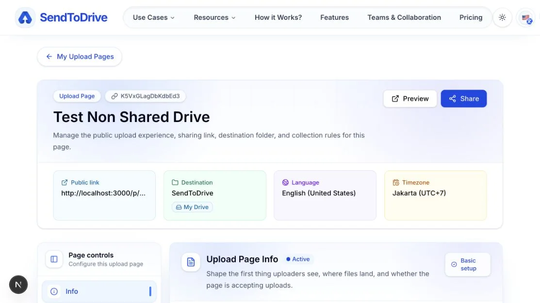 Kasalukuyang upload page dashboard na may menu ng Info