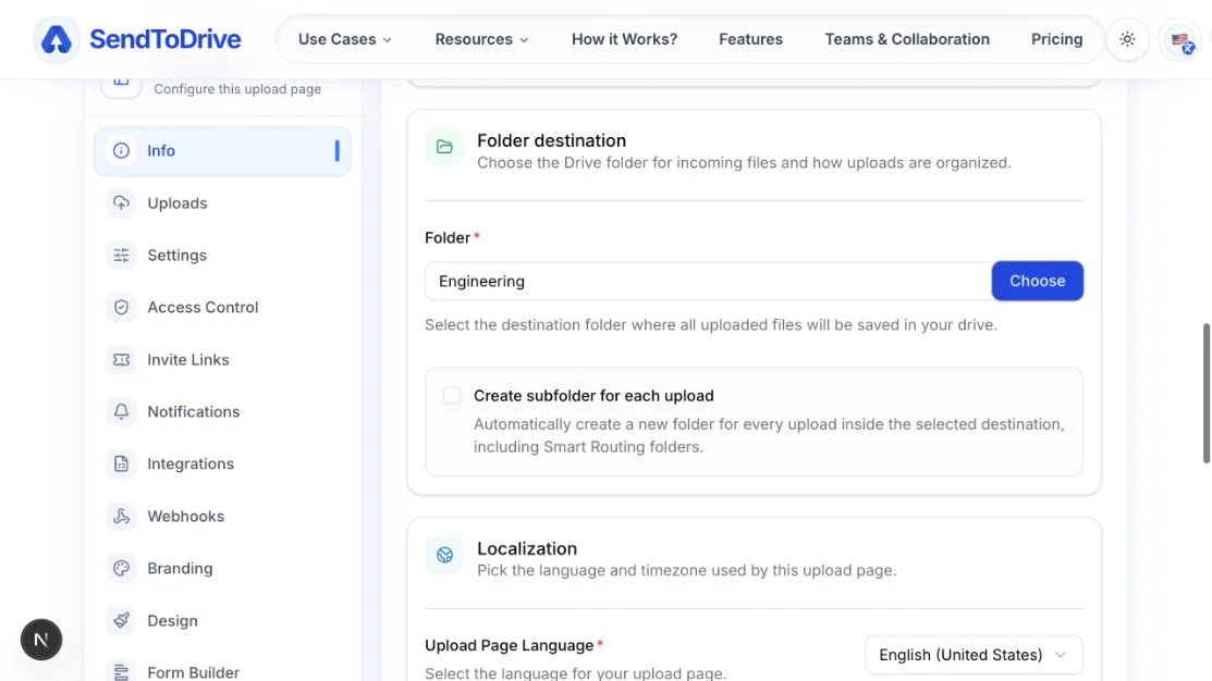 Isang bagong Google Drive na destinasyon ang napili sa form ng Impormasyon
