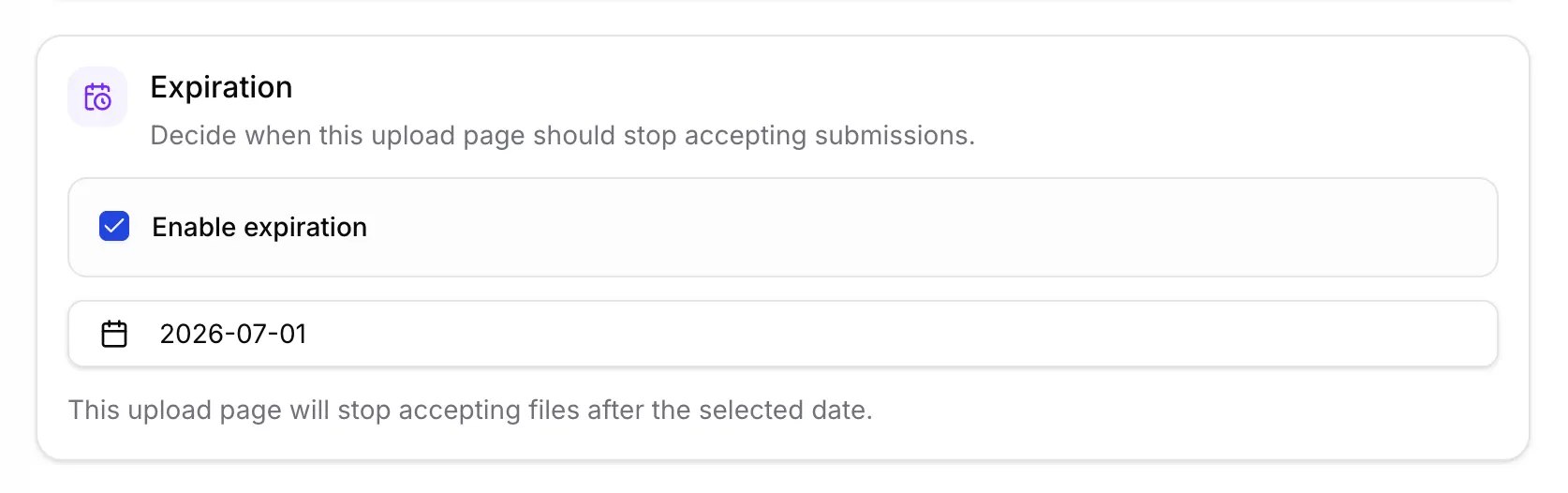 Expiration settings panel with Enable expiration checked
