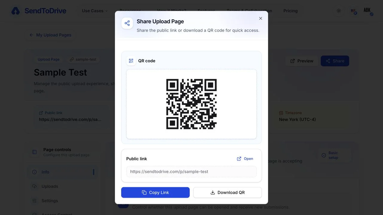 Share Upload Page dialog s QR kódem a veřejným odkazem