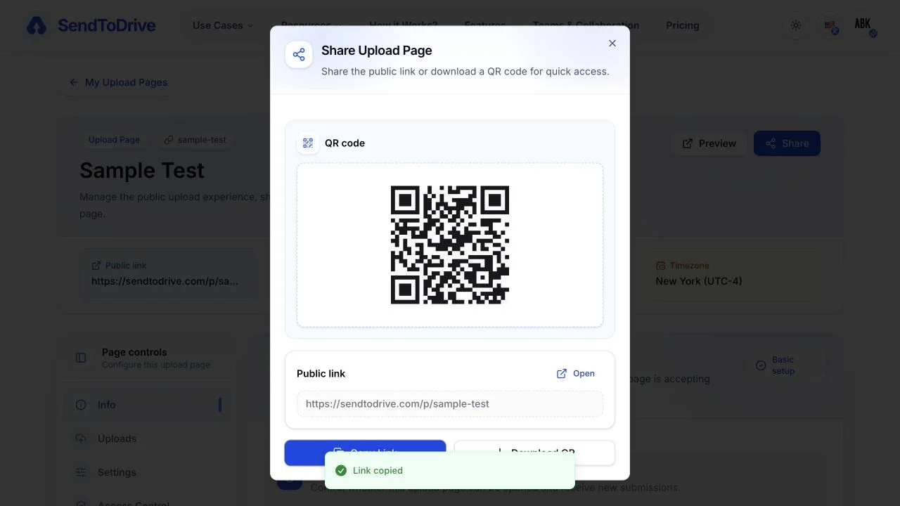 Link copied potvrzení v dialogu Share Upload Page